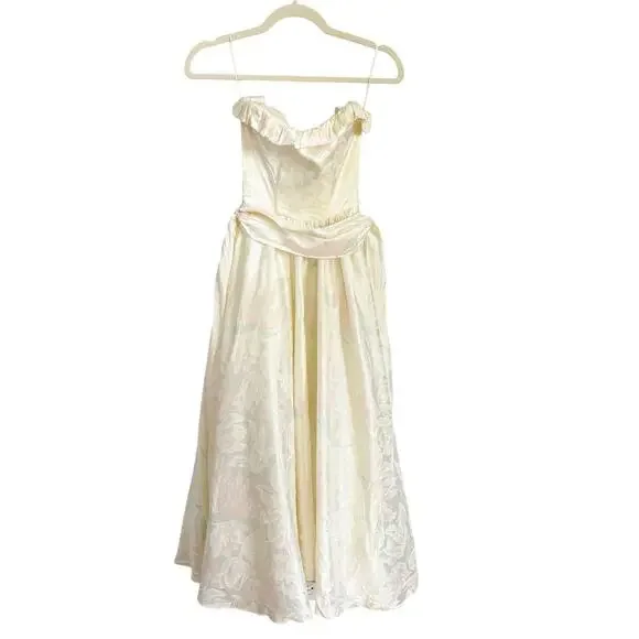 Vintage Steppin' Out Satin Floral Strapless Midi Dress Yellow XS - Picture 8 of 13